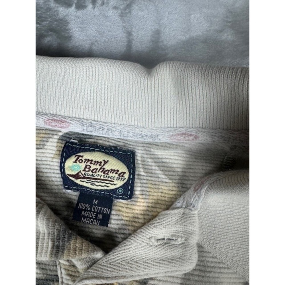 Tommy Bahama Mens Ribbed Cotton Tropical Floral‎ Polo Shirt Beige Gray Medium - Picture 2 of 9